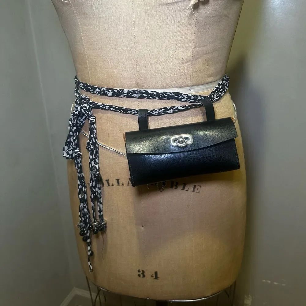 Vintage Black Leather Belt Bag with Silver Accent